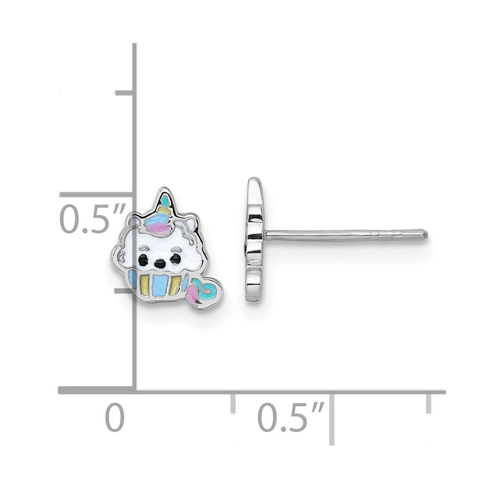 QE18284 Sterling Silver Rhodium-plated Polished White and Rainbow Enamel Unicorn Cupcake Childrens Post Earrings