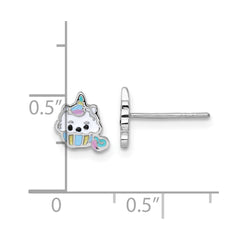 QE18284 Sterling Silver Rhodium-plated Polished White and Rainbow Enamel Unicorn Cupcake Childrens Post Earrings
