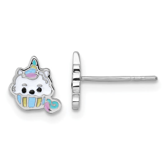 QE18284 Sterling Silver Rhodium-plated Polished White and Rainbow Enamel Unicorn Cupcake Childrens Post Earrings