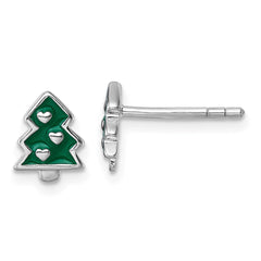 QE18285 Sterling Silver Rhodium-plated Children's Green Enamel Christmas Tree with Hearts Post Earrings