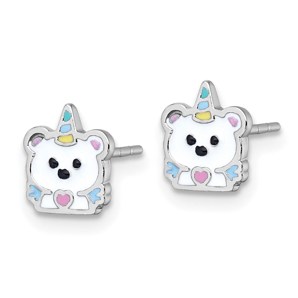 QE18286 Sterling Silver Rhodium-plated Polished White and Rainbow Enamel Unicorn Polar Bear Childrens Post Earrings