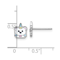 QE18286 Sterling Silver Rhodium-plated Polished White and Rainbow Enamel Unicorn Polar Bear Childrens Post Earrings