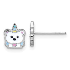 QE18286 Sterling Silver Rhodium-plated Polished White and Rainbow Enamel Unicorn Polar Bear Childrens Post Earrings