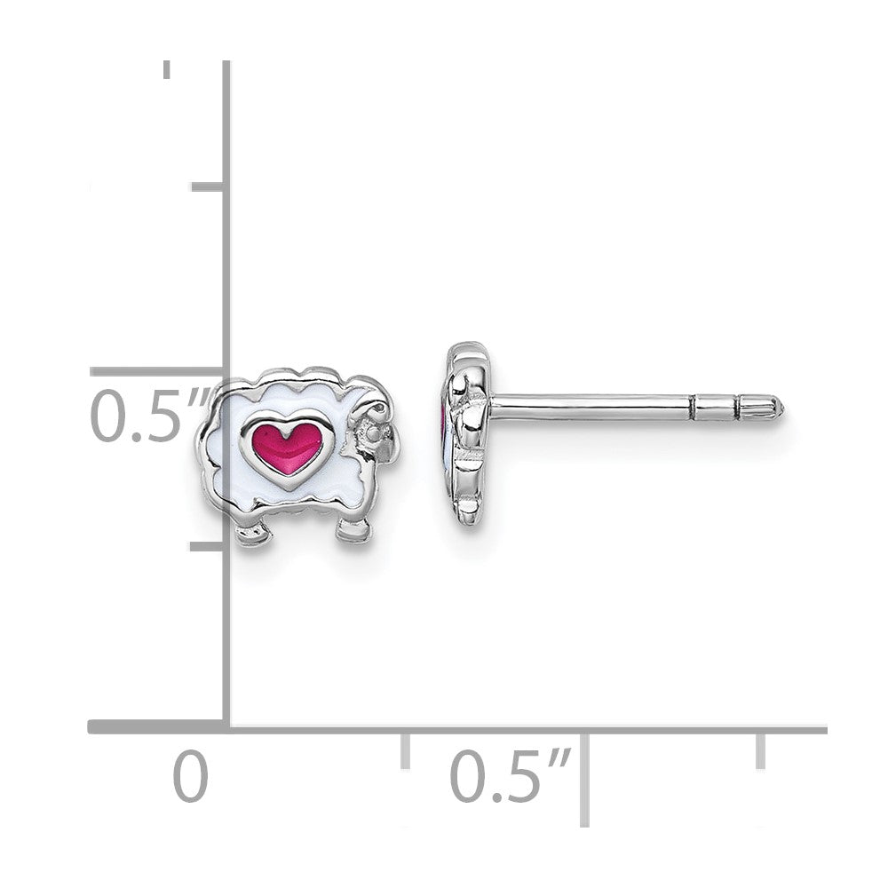 QE18288 Sterling Silver Rhodium-plated Children's White and Pink Enamel Sheep with Heart Post Earrings