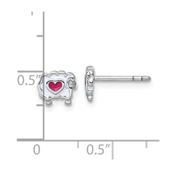 QE18288 Sterling Silver Rhodium-plated Children's White and Pink Enamel Sheep with Heart Post Earrings