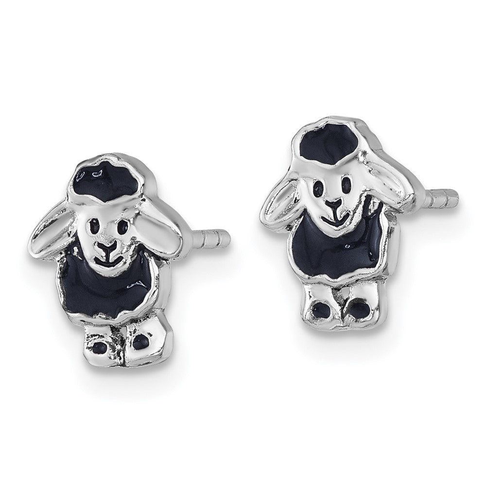 QE18290 Sterling Silver Rhodium-plated Polished with Black Enamel Sheep Post Earrings
