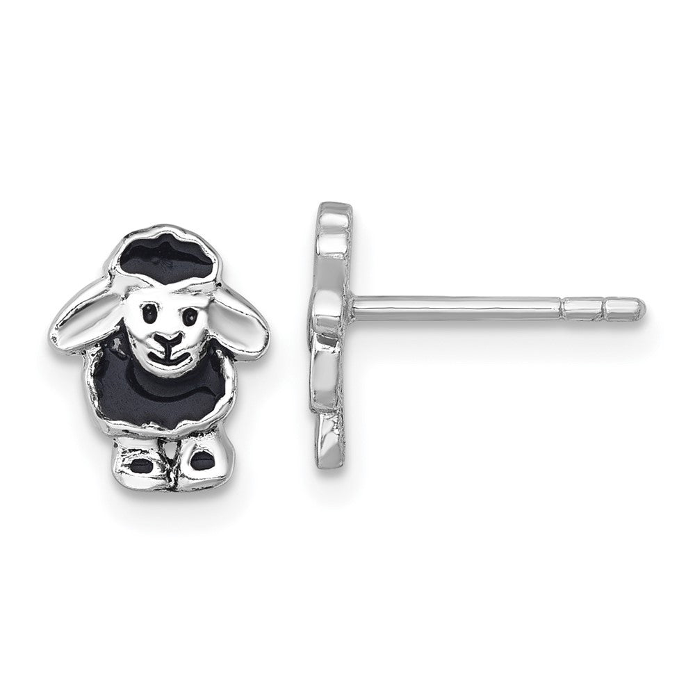 QE18290 Sterling Silver Rhodium-plated Polished with Black Enamel Sheep Post Earrings