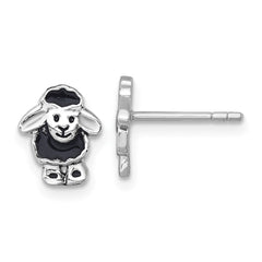 QE18290 Sterling Silver Rhodium-plated Polished with Black Enamel Sheep Post Earrings