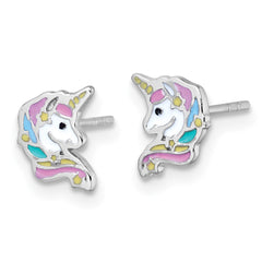 QE18292 Sterling Silver Rhodium-plated Polished White and Rainbow Enamel Unicorn Head Childrens Post Earrings