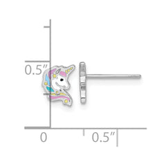 QE18292 Sterling Silver Rhodium-plated Polished White and Rainbow Enamel Unicorn Head Childrens Post Earrings