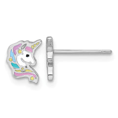 QE18292 Sterling Silver Rhodium-plated Polished White and Rainbow Enamel Unicorn Head Childrens Post Earrings