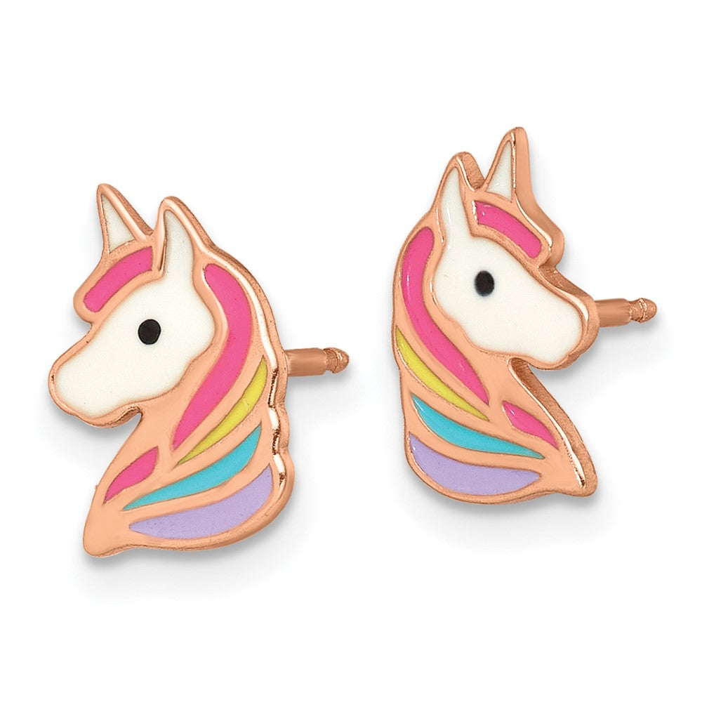 QE18294 Sterling Silver Rose-tone Polished White and Rainbow Enameled Unicorn Childrens Post Earrings