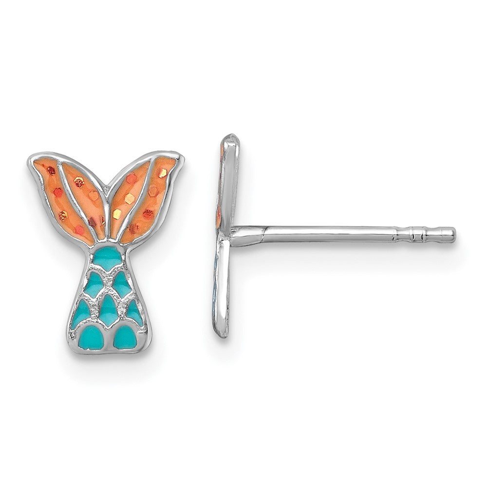 QE18297 Sterling Silver Madi K Rhodium-plated Enameled Mermaid Tail Childrens Post Earrings