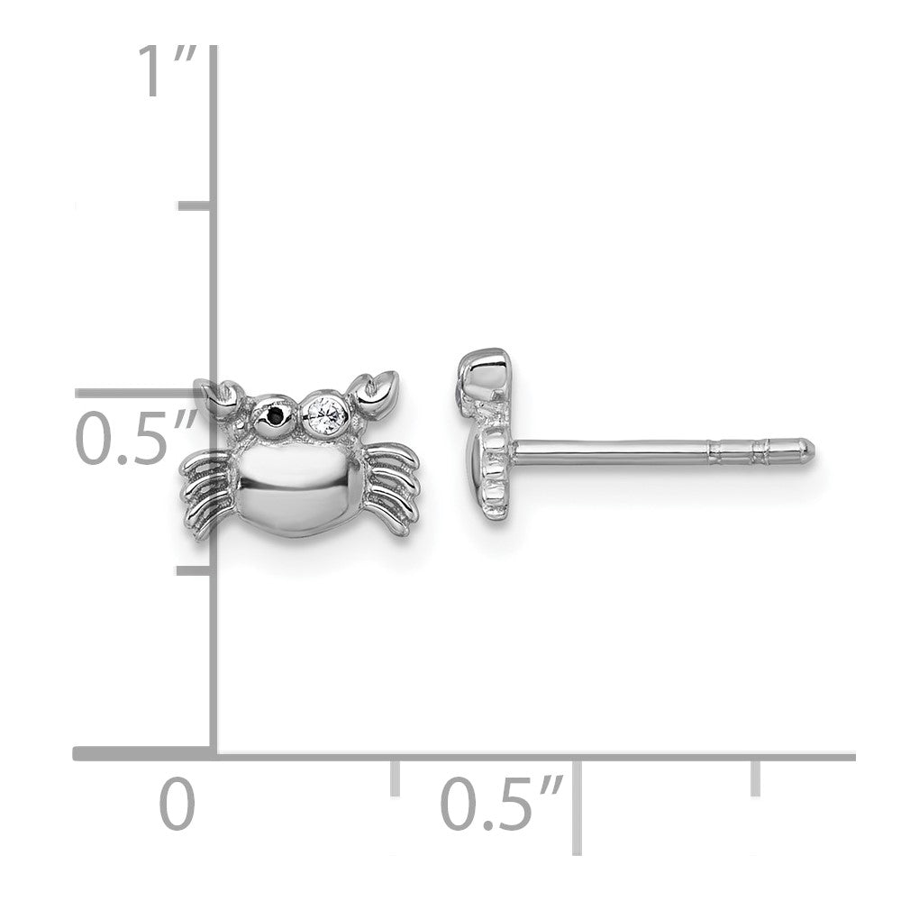 QE18298 Sterling Silver Rhodium-plated Polished Black Enamel and White CZ Crab Childrens Post Earrings