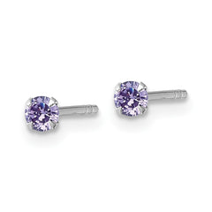 QE18303 Sterling Silver Madi K Rhodium-plated 3.00mm Purple CZ Childrens Stud Post Earrings