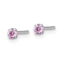 QE18304 Sterling Silver Madi K Rhodium-plated 3.00mm Pink CZ Childrens Stud Post Earrings