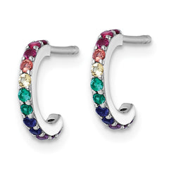 QE18305 Sterling Silver Rhodium-plated Polished Rainbow Nano Crystals Childrens J-Hoop Post Earrings