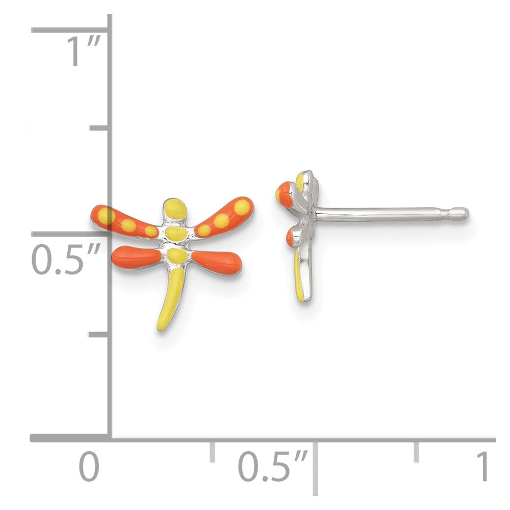 QE18309 Sterling Silver Polished Yellow and Orange Enameled Dragonfly Childrens Post Earrings