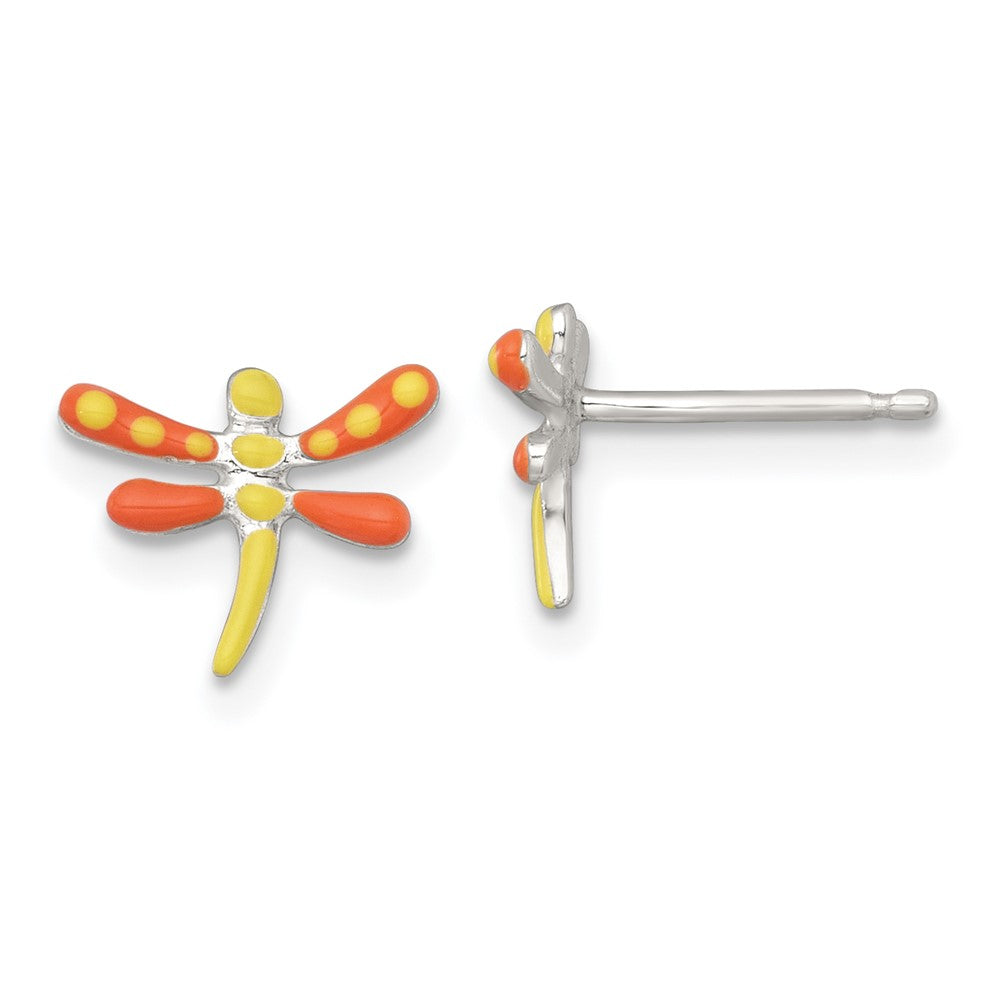 QE18309 Sterling Silver Polished Yellow and Orange Enameled Dragonfly Childrens Post Earrings