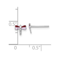 QE18310 Sterling Silver Madi K Rhodium-plated Enameled Red And Pink Dragonfly Childrens Post Earrings
