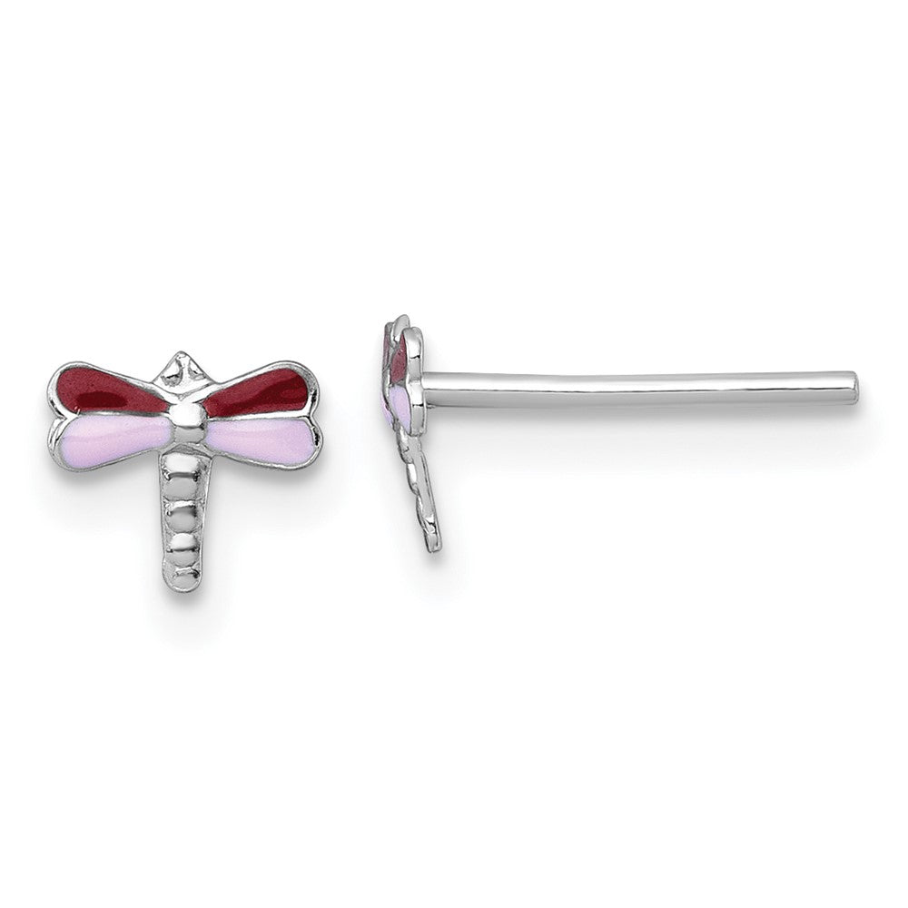 QE18310 Sterling Silver Madi K Rhodium-plated Enameled Red And Pink Dragonfly Childrens Post Earrings