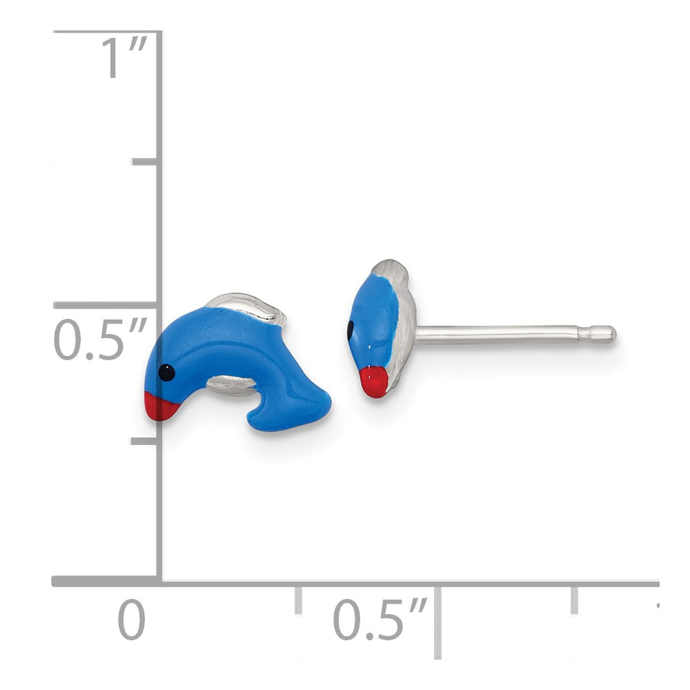 QE18311 Sterling Silver Polished Blue/Red/Black Enameled Dolphin Childrens Post Earrings