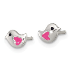 QE18312 Sterling Silver Polished Pink and Black Enameled Heart Bird Childrens Post Earrings