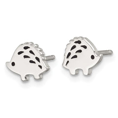 QE18313 Sterling Silver Polished Black Enameled Porcupine Childrens Post Earrings