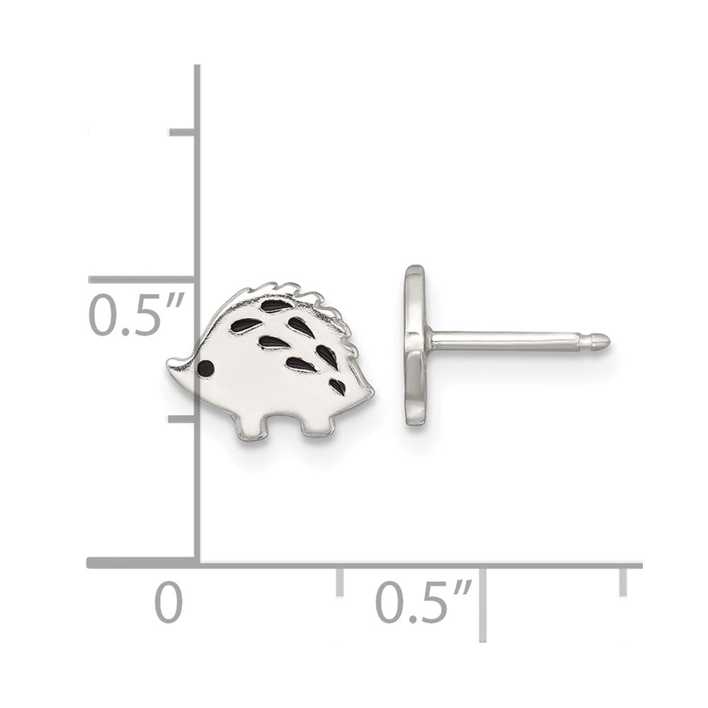 QE18313 Sterling Silver Polished Black Enameled Porcupine Childrens Post Earrings