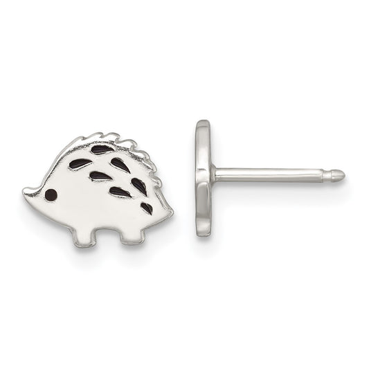 QE18313 Sterling Silver Polished Black Enameled Porcupine Childrens Post Earrings