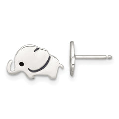 QE18314 Sterling Silver Polished Black Enameled Elephant Childrens Post Earrings