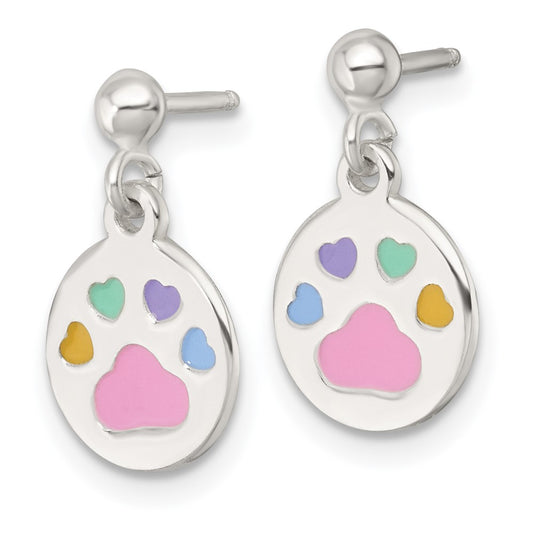 QE18315 Sterling Silver Polished Enameled Multi-color Heart Pawprint Childrens Post Dangle Earrings