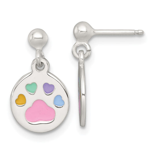 QE18315 Sterling Silver Polished Enameled Multi-color Heart Pawprint Childrens Post Dangle Earrings