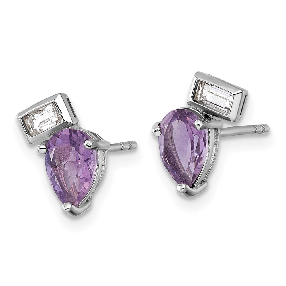 QE18317AM Sterling Silver Rhodium-plated Polished Pear Amethyst and Emerald-cut White Topaz Post Earrings