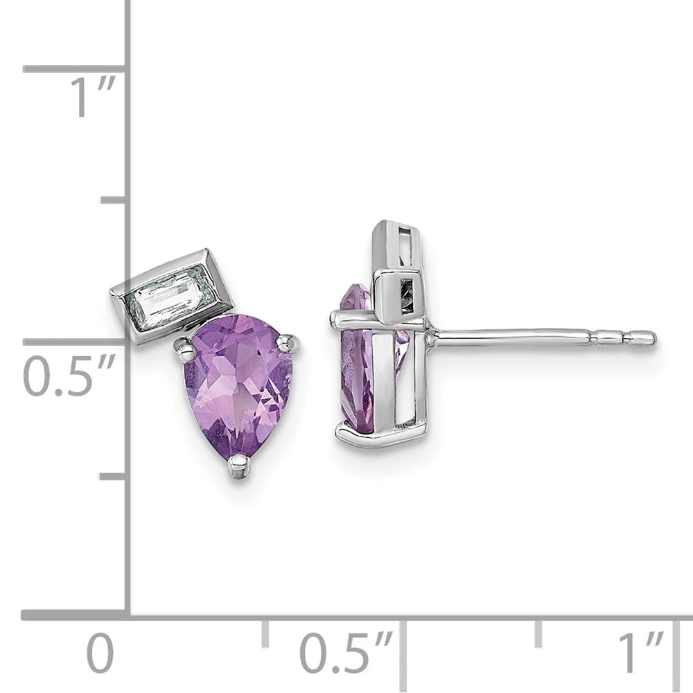 QE18317AM Sterling Silver Rhodium-plated Polished Pear Amethyst and Emerald-cut White Topaz Post Earrings