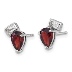 QE18317GA Sterling Silver Rhodium-plated Polished Pear Garnet and Emerald-cut White Topaz Post Earrings