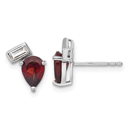 QE18317GA Sterling Silver Rhodium-plated Polished Pear Garnet and Emerald-cut White Topaz Post Earrings