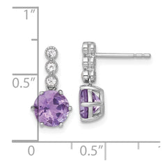 QE18319AM Sterling Silver Rhodium-plated Polished and Beaded Round Amethyst and White Topaz Dangle Post Earrings