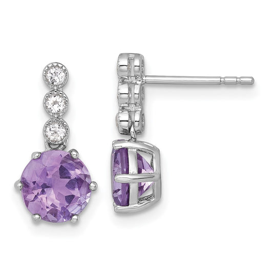 QE18319AM Sterling Silver Rhodium-plated Polished and Beaded Round Amethyst and White Topaz Dangle Post Earrings