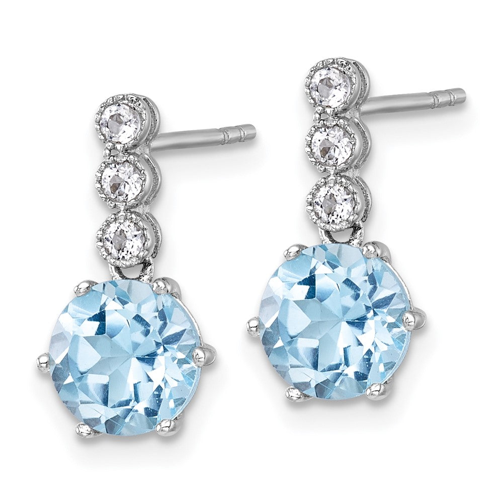QE18319BT Sterling Silver Rhodium-plated Polished and Beaded Round Sky Blue and White Topaz Dangle Post Earrings