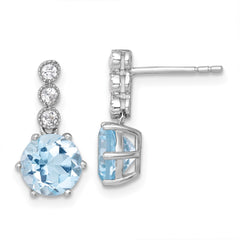 QE18319BT Sterling Silver Rhodium-plated Polished and Beaded Round Sky Blue and White Topaz Dangle Post Earrings