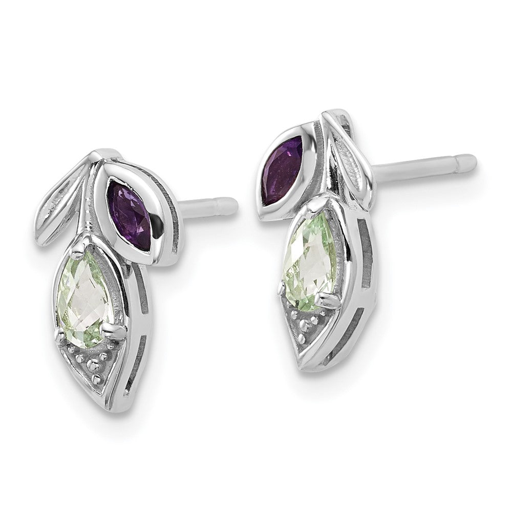 QE18322AG_AM Sterling Silver Rhodium-plated Polished Amethyst and Green Quartz Leaf Post Earrings
