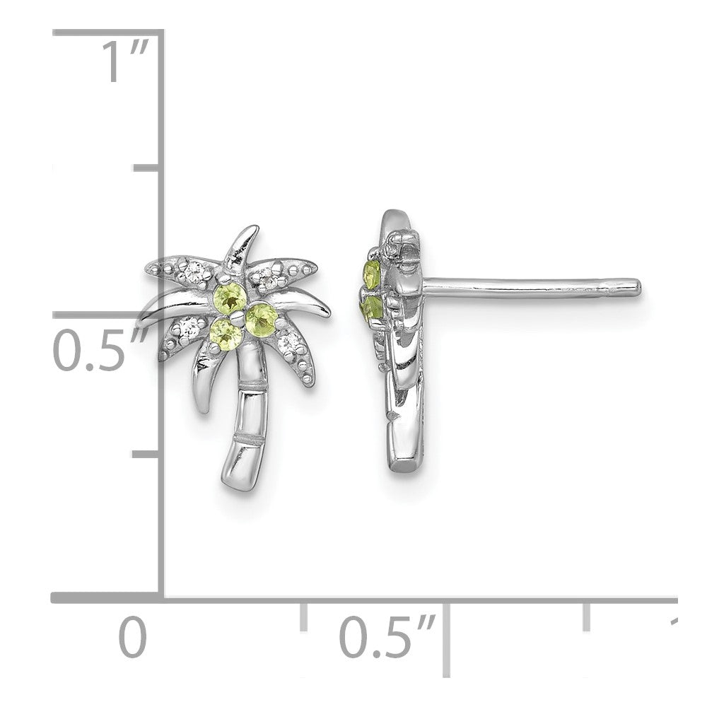 QE18323PE Sterling Silver Rhodium-plated Polished and Grooved Peridot and White Topaz Palm Tree Post Earrings