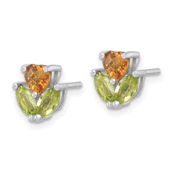 QE18324CI_PE Sterling Silver Rhodium-plated Polished Heart Citrine and Peridot Flower Post Earrings