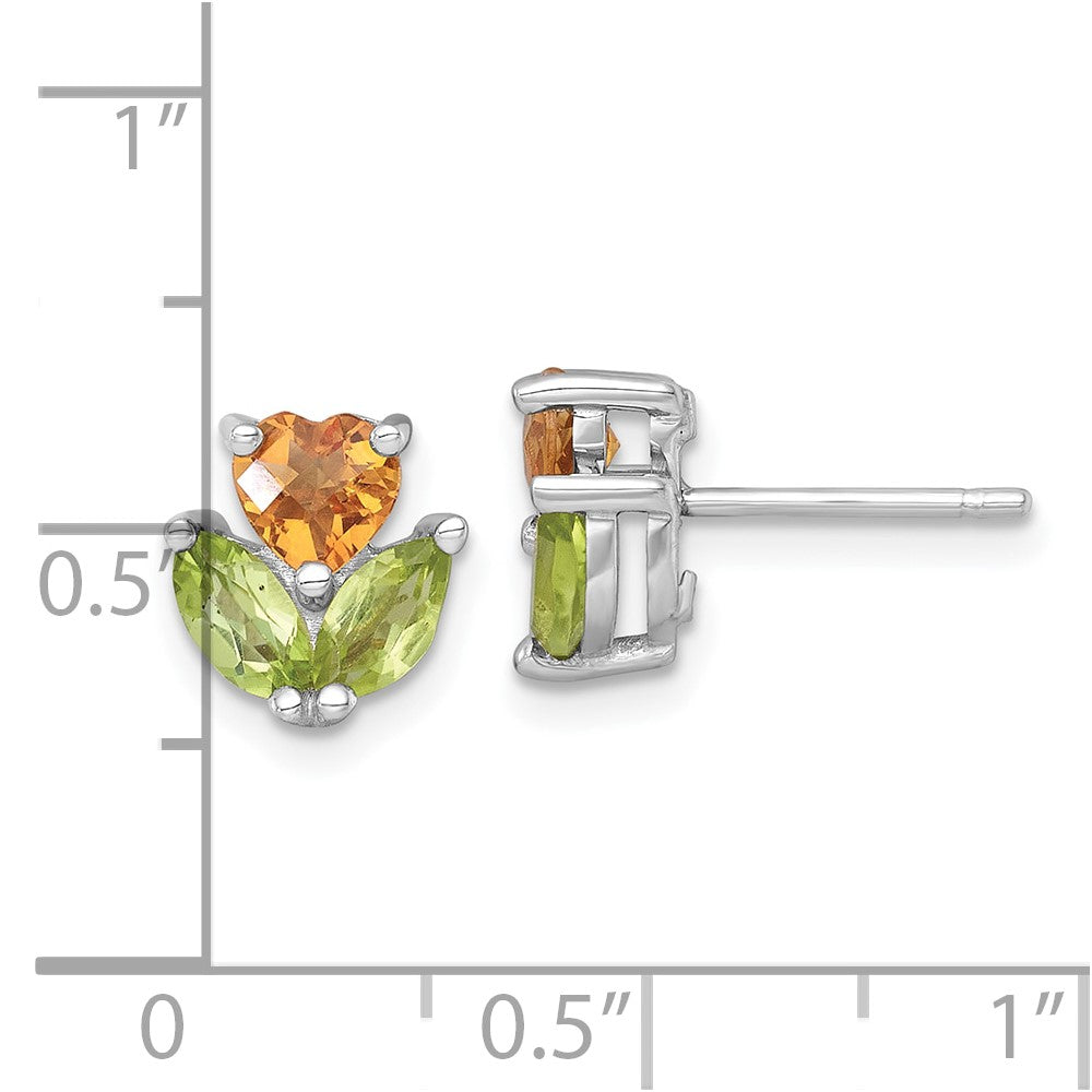 QE18324CI_PE Sterling Silver Rhodium-plated Polished Heart Citrine and Peridot Flower Post Earrings