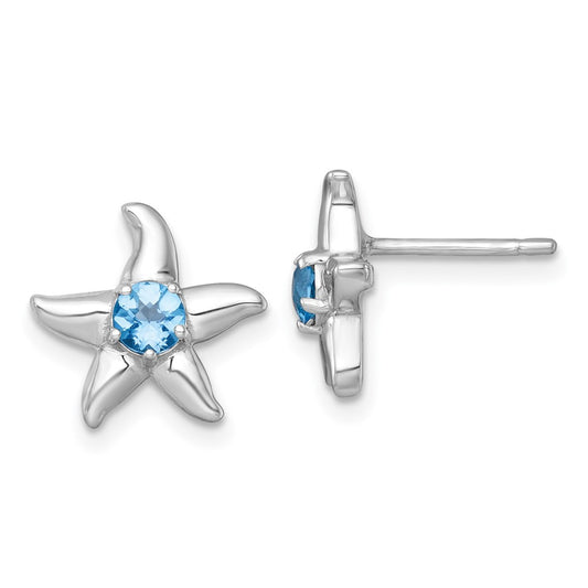 QE18325BT Sterling Silver Rhodium-plated Polished Round Light Swiss Blue Topaz Starfish Post Earrings