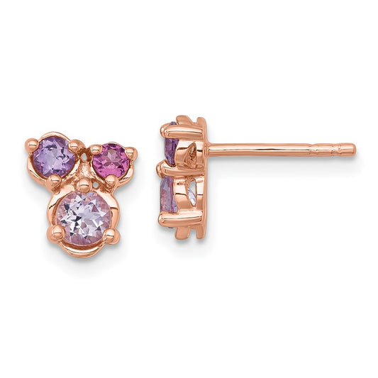 QE18326PQ Sterling Silver Rose Gold-plated Polished Round Amethyst, Pink Quartz and Rhodolite Garnet Post Earrings