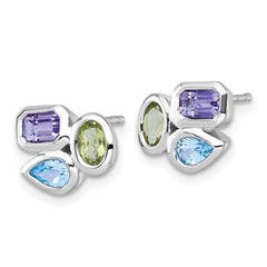 QE18327RB Sterling Silver Rhodium-plated Polished Pear Blue Topaz, Oval Peridot and Emerald-cut Amethyst Post Earrings