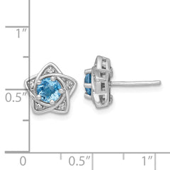 QE18328BT Sterling Silver Rhodium-plated Polished Round Light Swiss Blue and White Topaz Star Post Earrings