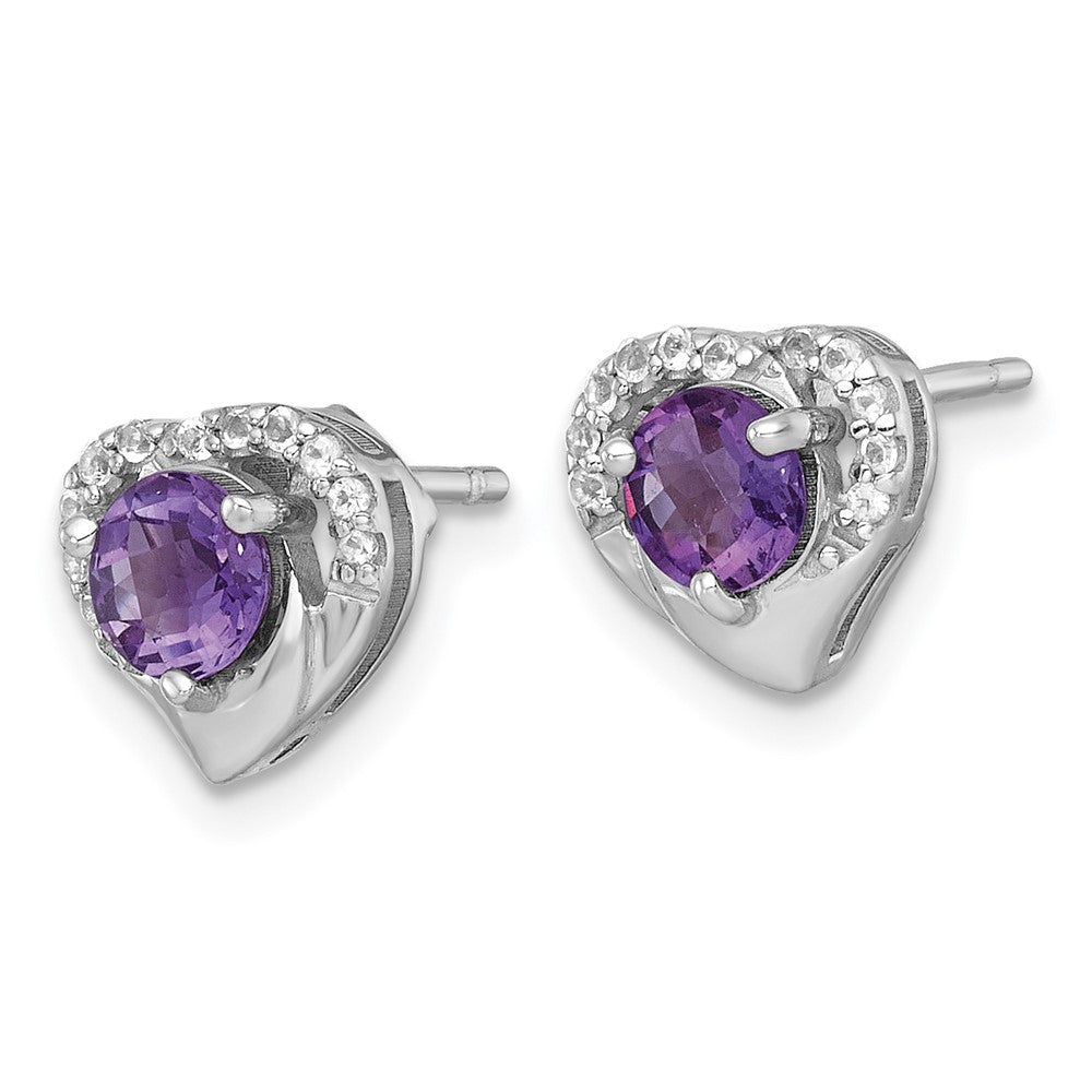 QE18329AM Sterling Silver Rhodium-plated Polished Amethyst and White Topaz Heart Post Earrings